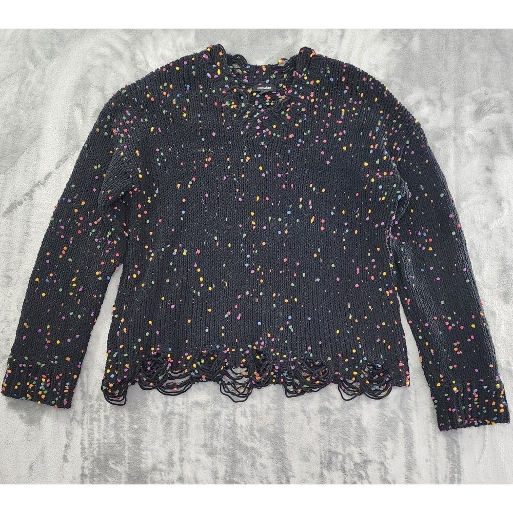 MITTOSHOP Sweater Womens L Black Rainbow Confetti Don't Be A-Frayed V-Neck